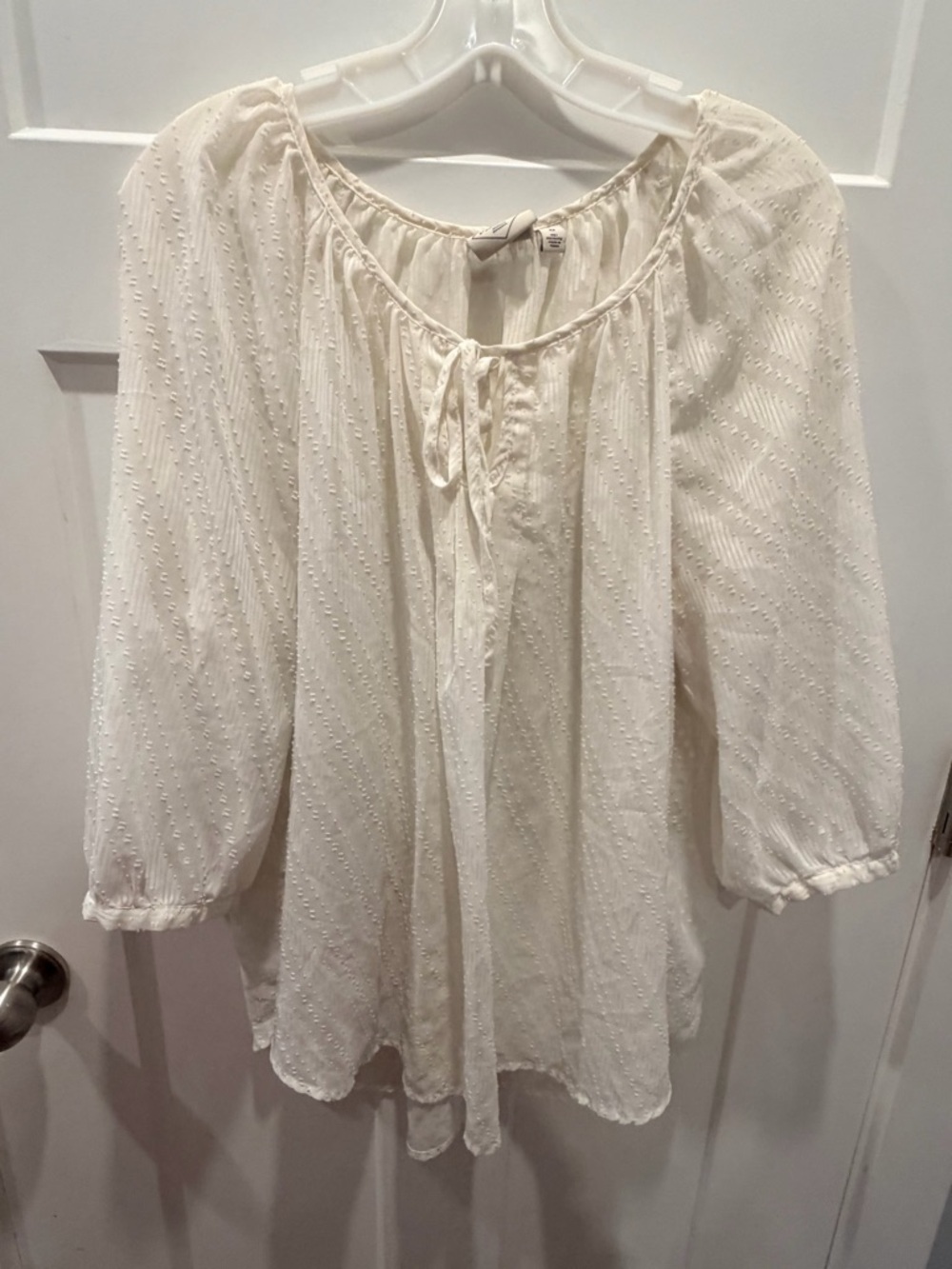 St Johns Bay 2X Ivory Swiss Dot Peasant Blouse Boho Tie Neck Plus Size Top